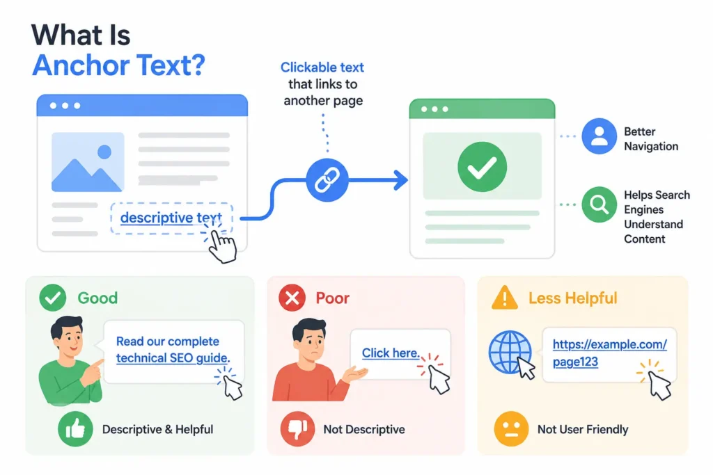 Infographic explaining anchor text with good, poor, and URL link examples.