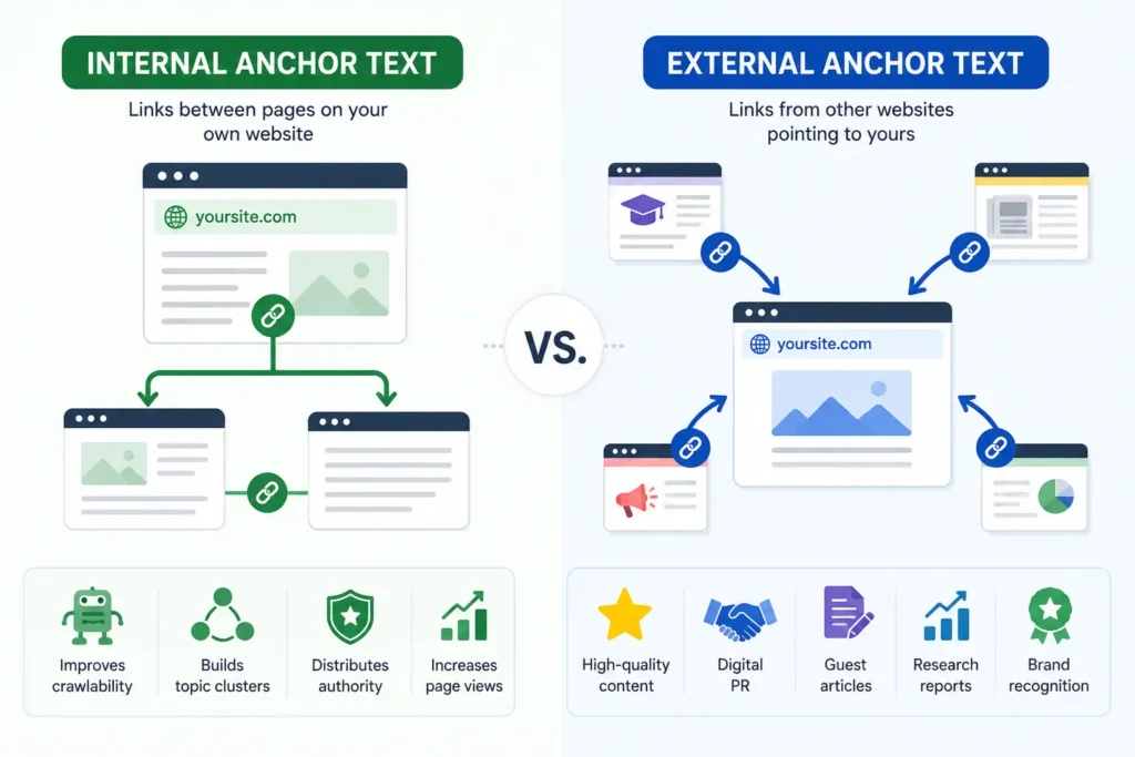 Infographic comparing internal and external anchor text with visual link flow, website icons, and SEO benefits.
