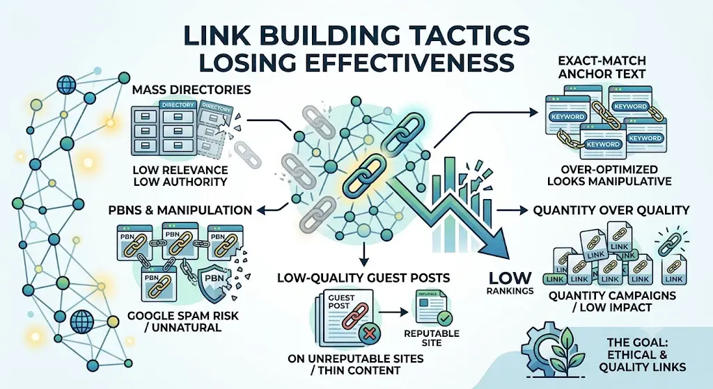 Outdated link building tactics infographic