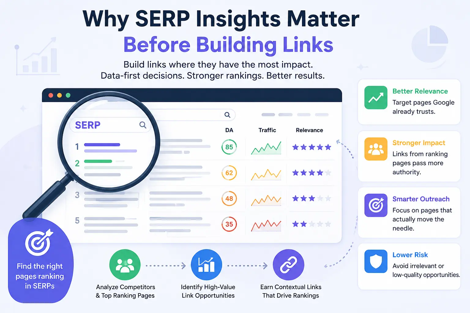 Infographic showing why SERP insights matter before building links by analyzing rankings, relevance, and high-value link opportunities.