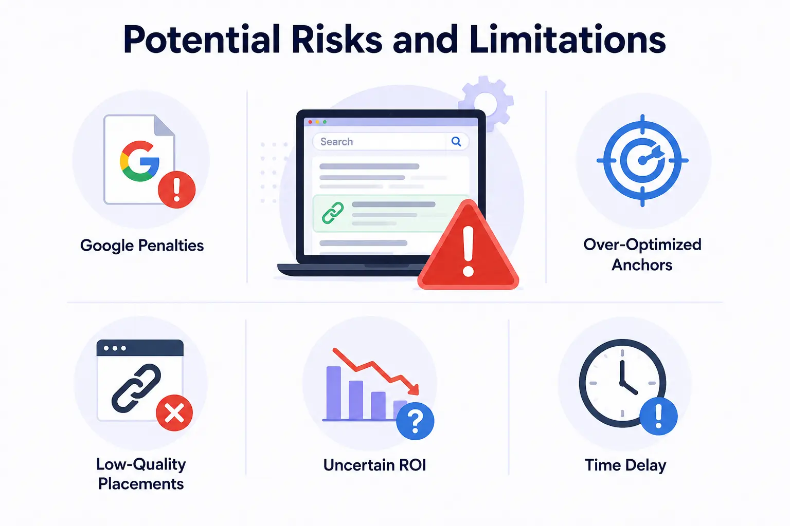 Infographic highlighting the potential risks and limitations of SERP Insight Link Insertion with warning icons and SEO risk factors.