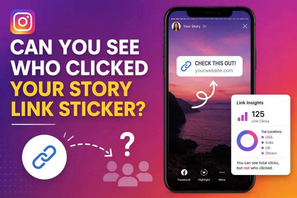**Alt text:**
**Illustration of an Instagram Story link sticker with analytics showing total link clicks but not the identities of people who clicked.**
