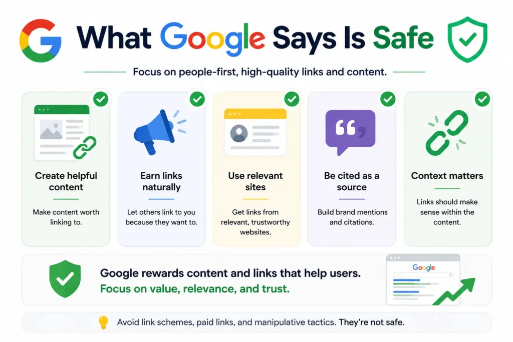 Infographic showing Google's safe link-building practices, including helpful content, natural backlinks, relevant websites, citations, and contextual links.