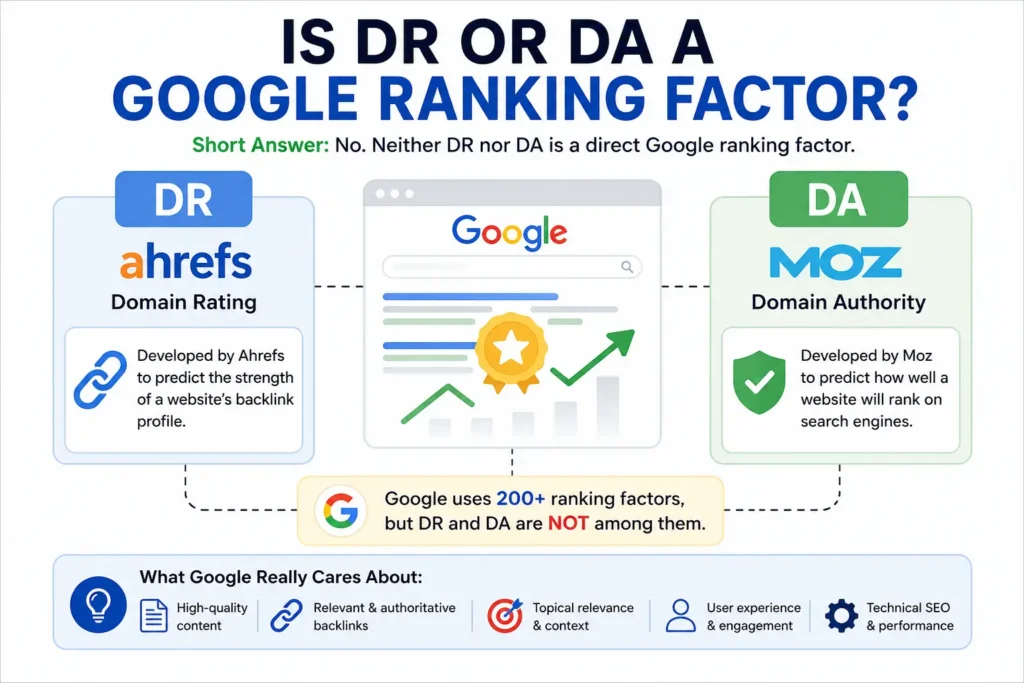 Infographic explaining that Domain Rating (DR) and Domain Authority (DA) are not Google ranking factors and highlighting the SEO signals Google actually uses.