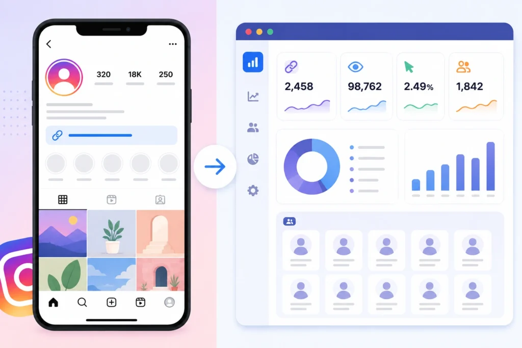 Vector illustration showing an Instagram profile with a bio link connected to an analytics dashboard displaying anonymous website clicks, engagement metrics, charts, and user silhouettes to represent aggregated Instagram Insights.