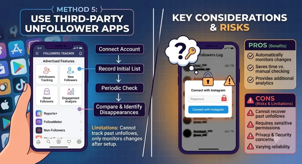 Infographic explaining how third-party Instagram unfollower apps work by recording your follower list and comparing changes over time, alongside the benefits and risks of using these apps, including automatic tracking, privacy concerns, account permissions, and the inability to detect unfollows that occurred before tracking began