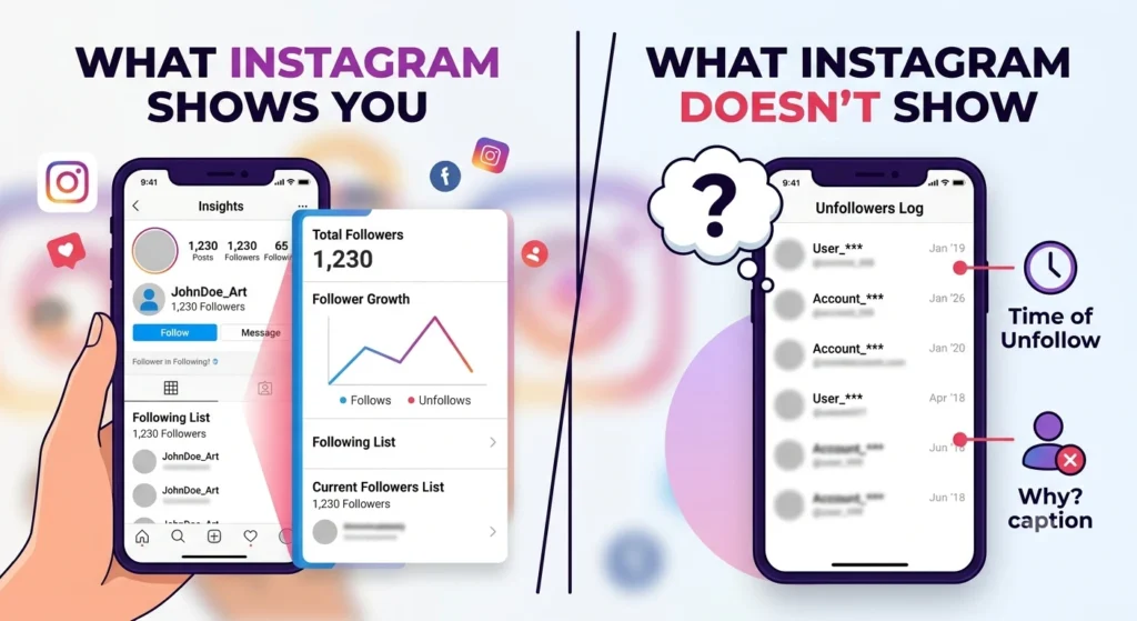 Infographic comparing what Instagram shows users versus what it doesn't. The left side displays Instagram Insights with follower count, follower growth, and current followers list, while the right side illustrates that Instagram does not reveal an unfollowers log, the exact time someone unfollowed, or the reason they unfollowed.