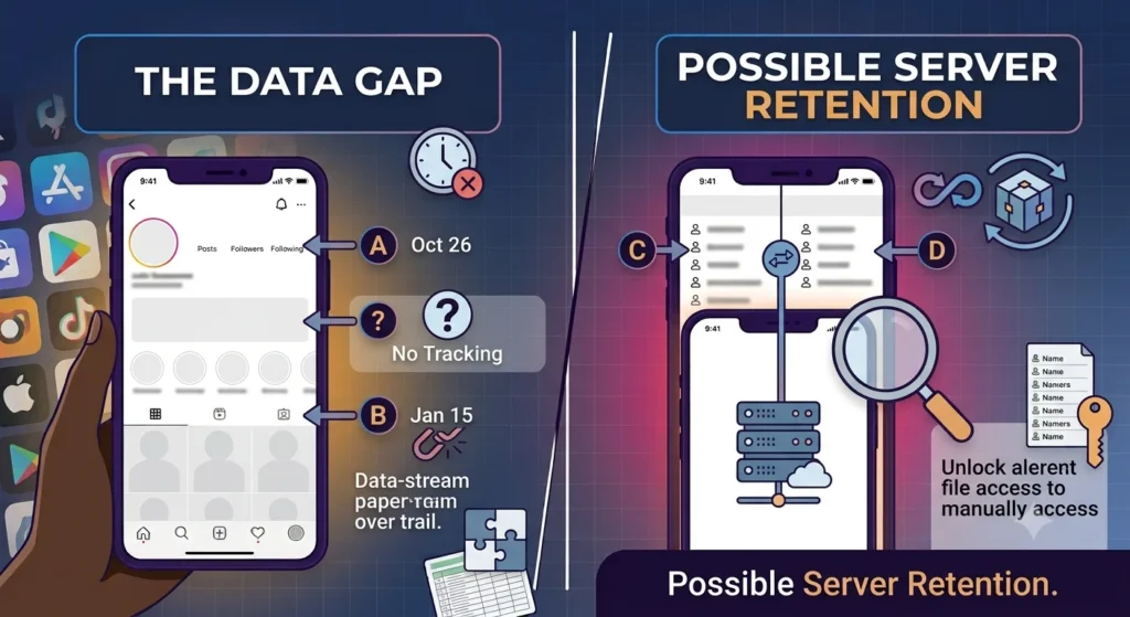 Infographic illustrating why Instagram cannot show past unfollows without prior tracking and how third-party unfollower apps compare follower lists over time. The graphic explains the data gap between tracking periods and shows a conceptual server-based comparison process used to detect follower changes after monitoring begins.
