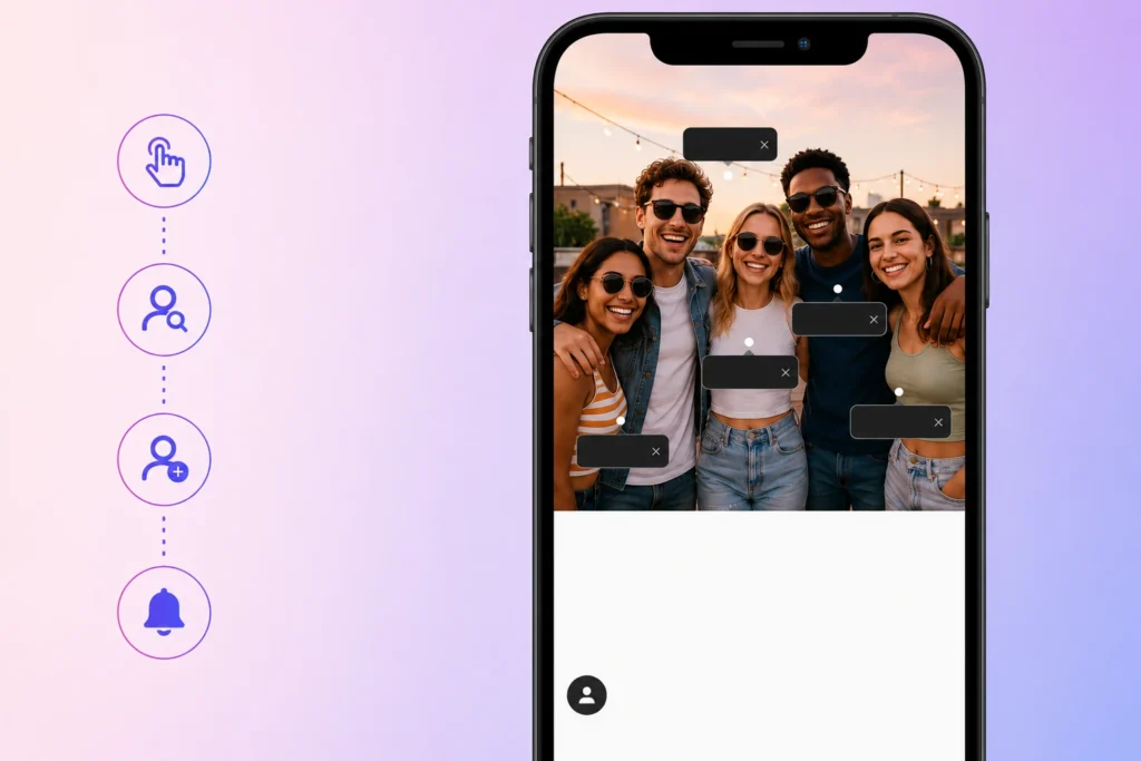 Smartphone mockup displaying an Instagram group photo with multiple tagged people, represented by tag markers on each person. The illustration demonstrates how to tag multiple people in a single Instagram post using a clean, modern social media interface.