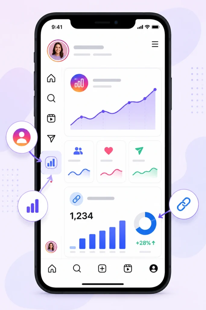 Illustration of the Instagram Professional Dashboard on a smartphone displaying Insights, website taps, engagement metrics, profile activity, and analytics charts for tracking link performance.