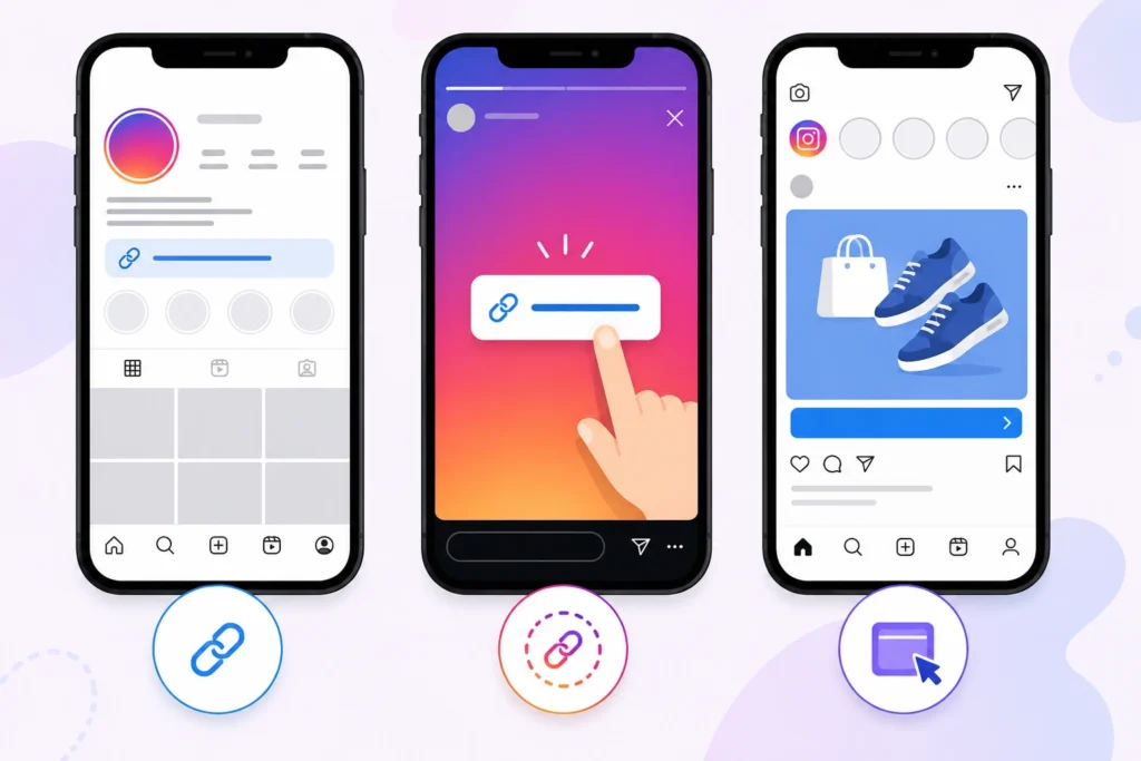 Illustration of Instagram bio link, Story link sticker, and website call-to-action button on three smartphone screens, showing the main types of clickable Instagram links.
