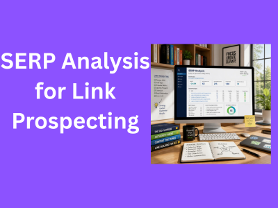 Illustration of SERP analysis dashboard on a desktop computer for link prospecting and SEO research.