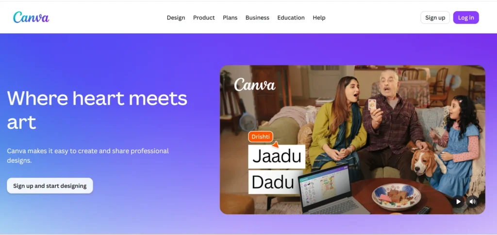 Home page of canva