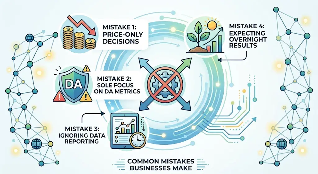 Infographic highlighting four common link building mistakes made by businesses.