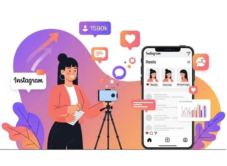 Illustration of a content creator recording an Instagram Reel with a smartphone on a tripod, surrounded by engagement icons, follower count, analytics charts, and social media notifications, representing the creation of share-worthy Instagram content.