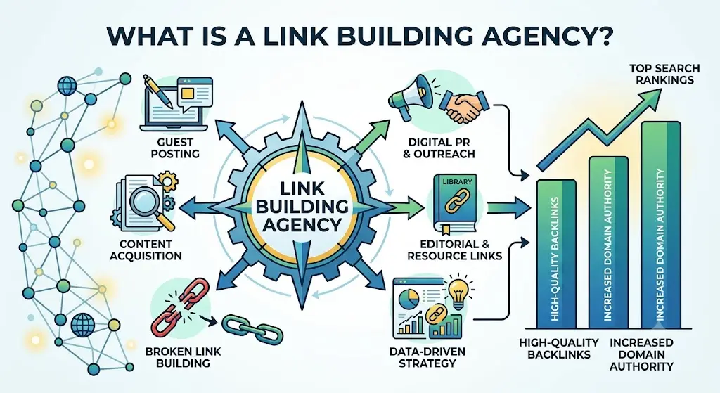 Infographic showing link building strategies that improve search rankings and domain authority.