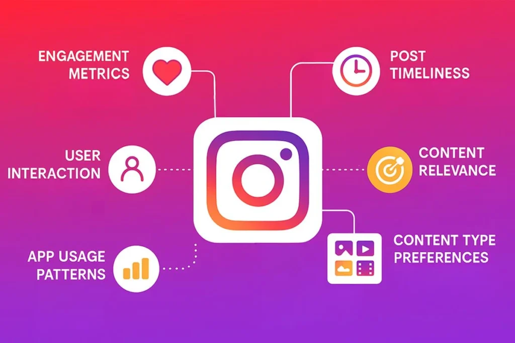 Illustration showing how the Instagram algorithm ranks content based on key signals such as engagement metrics, user interaction, posting timeliness, content relevance, content type preferences, and app usage patterns surrounding the Instagram logo.