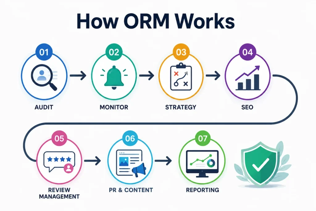 Online Reputation Management (ORM) workflow infographic with audit, monitoring, SEO, reviews, content, and reporting