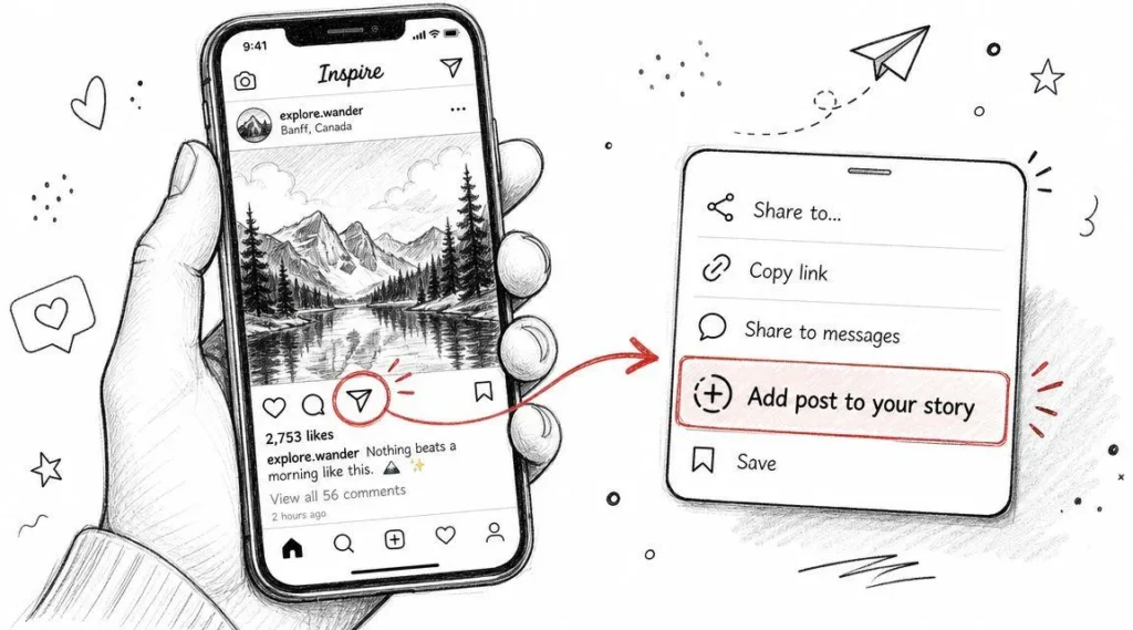 Hand holding a smartphone showing an Instagram post with the Share (paper plane) icon highlighted, alongside a share menu displaying the 'Add post to your story' option, illustrating how users can share Instagram posts to Stories.