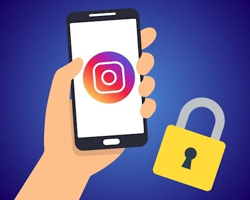 Illustration of a hand holding a smartphone displaying the Instagram logo next to a padlock, symbolizing Instagram privacy, secure account protection, and private sharing of content and Direct Message.