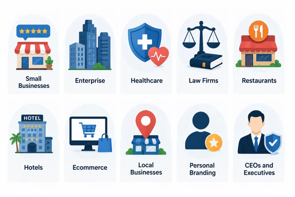 Online reputation management solutions for businesses, healthcare, law firms, hotels, ecommerce, restaurants, and executives.