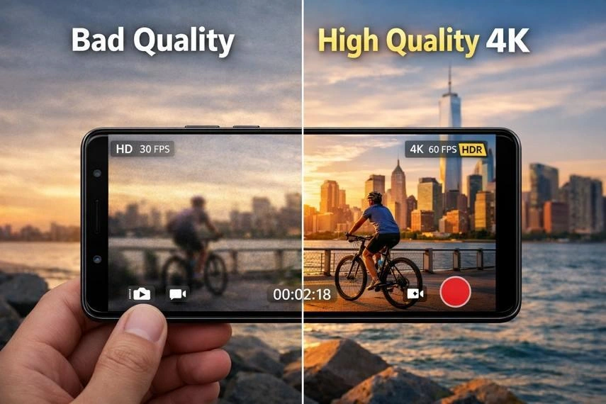 Side-by-side comparison of low-quality and high-quality smartphone video recording, showing how sharp 4K footage with good resolution provides a better viewing experience for Instagram Reels and improves audience engagement.