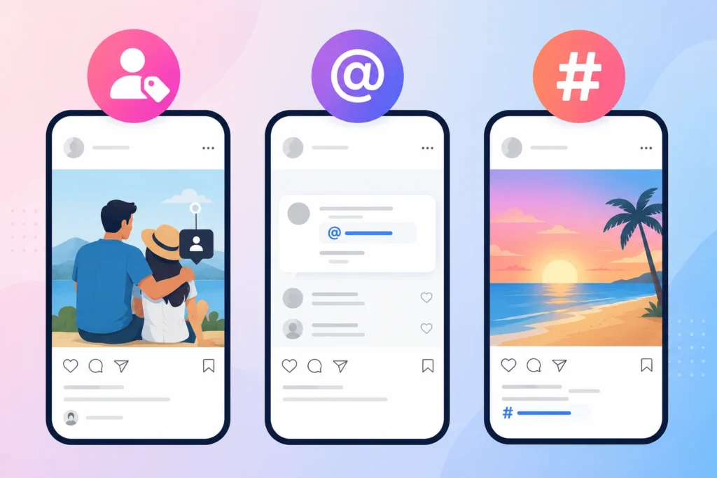 Illustration comparing Instagram Tag, Mention, and Hashtag using three smartphone mockups. The first phone shows a tagged person in a photo, the second displays an @ mention in a comment, and the third features a post with a # hashtag, highlighting the differences between Instagram tagging, mentioning, and hashtags.