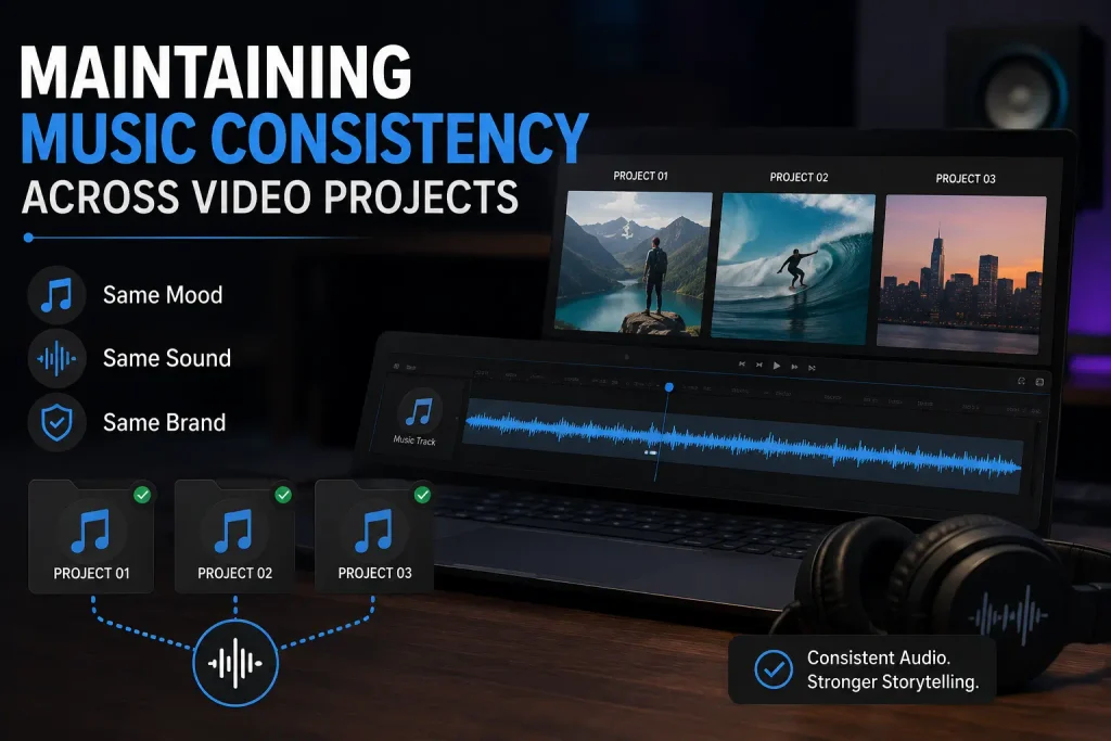 Maintaining music consistency across multiple video projects with synchronized audio tracks and editing tools.