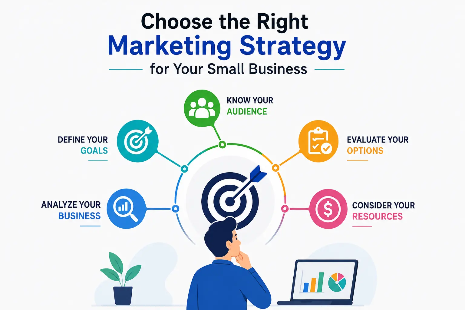 How to choose the right marketing strategy for a small business based on goals, audience, business needs, options, and available resources.