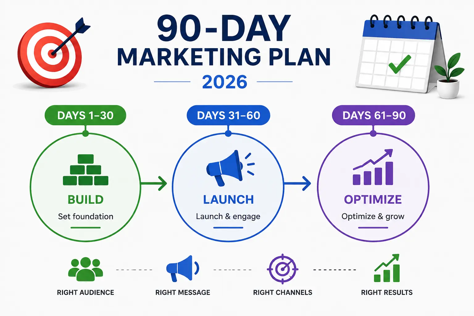 90-day small business marketing plan for 2026 showing three phases: build, launch, and optimize.