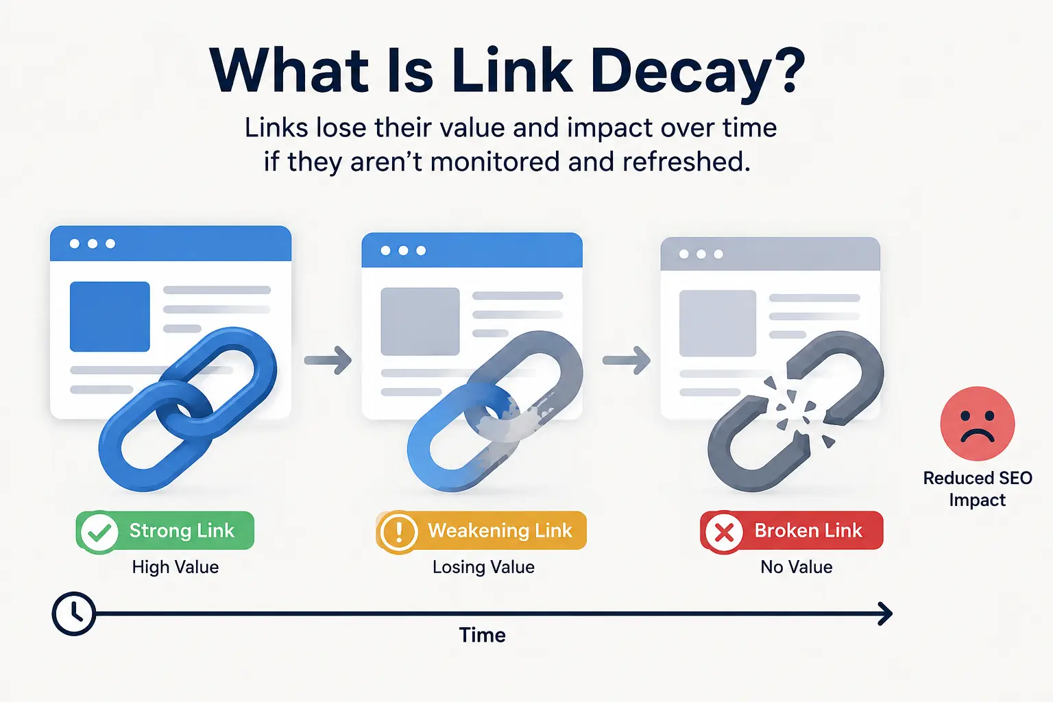 Illustration showing link decay with a backlink gradually weakening and breaking over time, reducing SEO value and search performance.