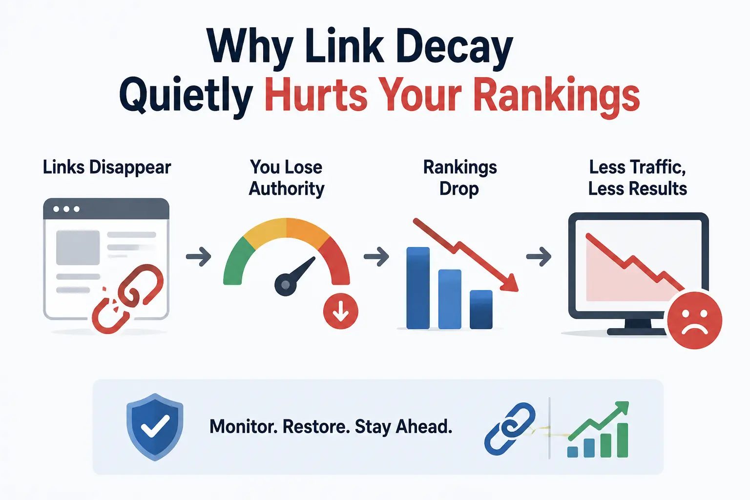 Minimal infographic showing link decay causing lost backlinks, lower authority, declining rankings, and reduced website traffic.