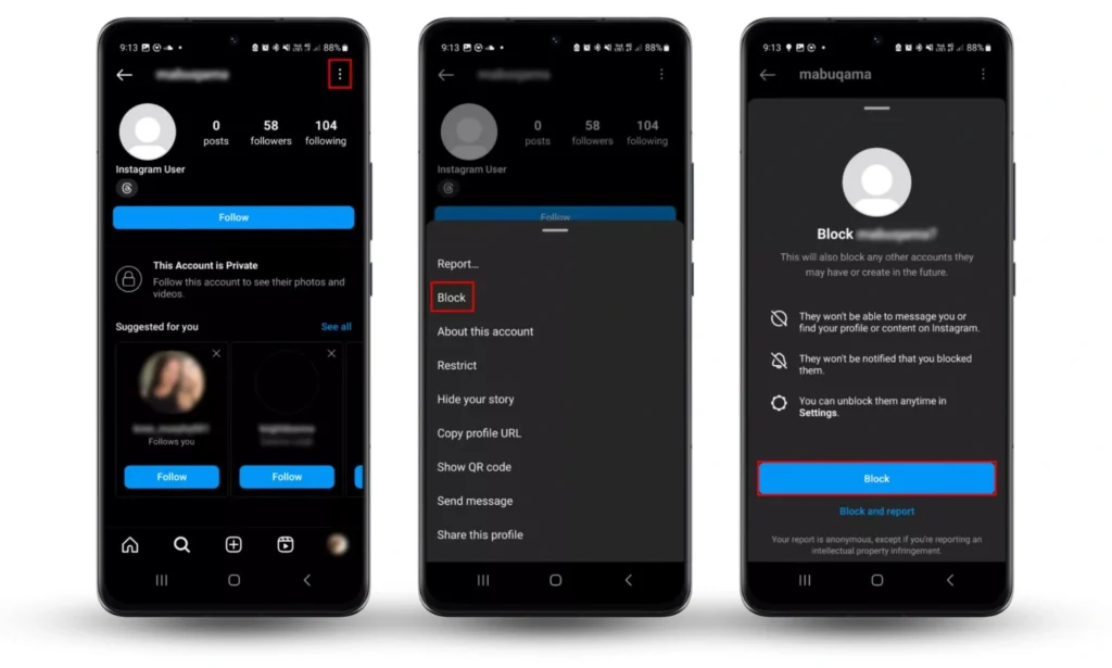 Smartphone displaying the Block option on an Instagram profile.
