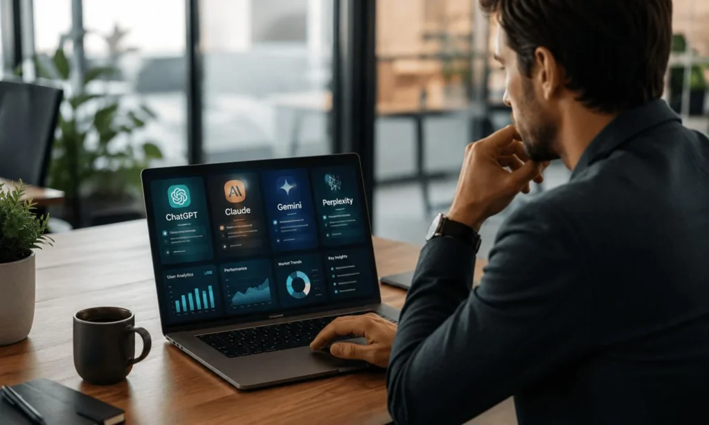 Professional comparing AI software tools based on features pricing and performance