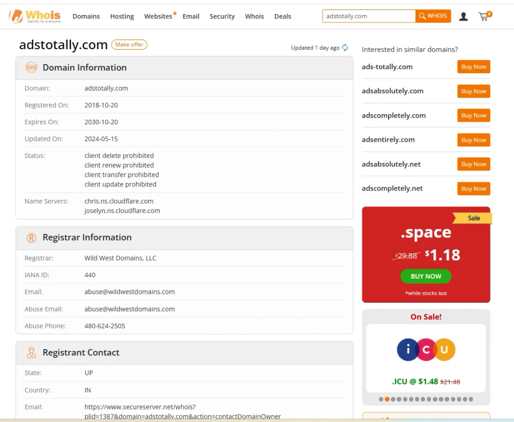 Whois search results page showing domain registration information for adstotally.com.