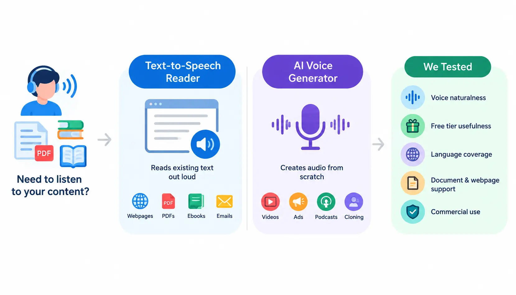 Text-to-speech infographic comparing TTS readers and AI voice generators, showing webpages, PDFs, ebooks, videos, podcasts, voice cloning, and key testing criteria such as voice naturalness, free plans, language coverage, document support, and commercial use.