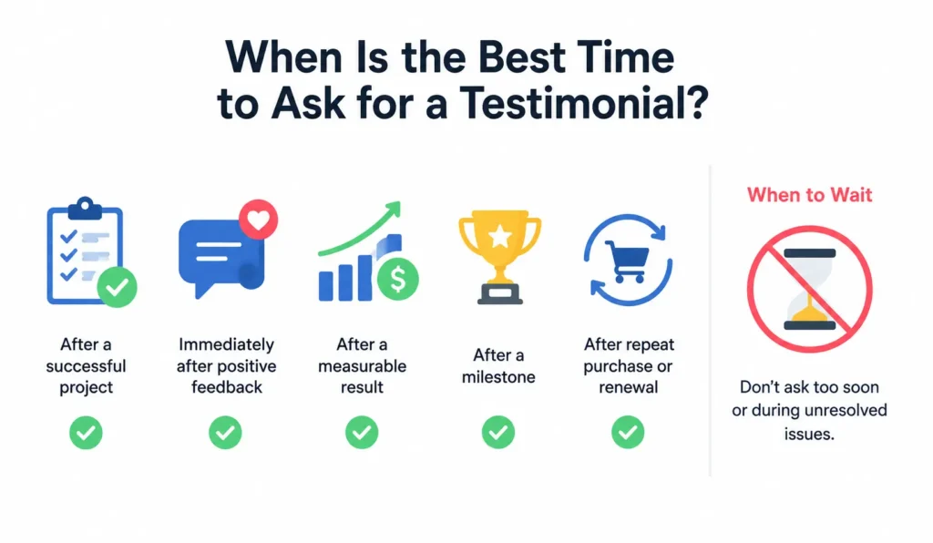 Best times to ask for a customer testimonial, including after a successful project, positive feedback, measurable results, milestones, or repeat purchases, with guidance on when to wait.