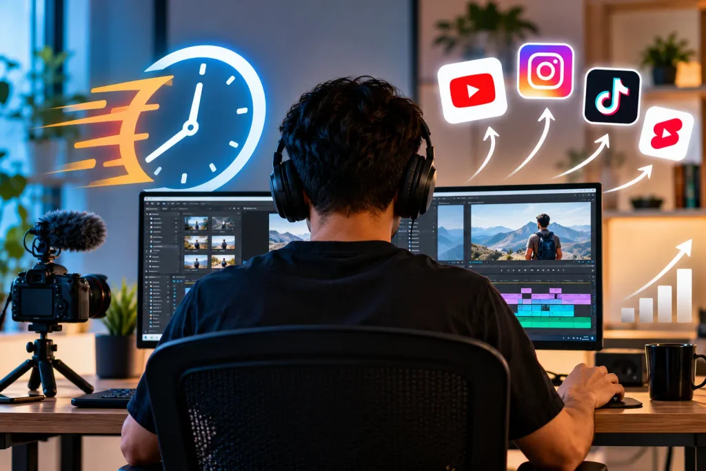 Content creator editing a video on dual monitors with a fast clock icon and social media platforms, representing faster video editing workflows.
