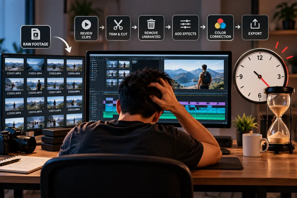 Video editor reviewing raw footage and managing multiple editing stages, showing why turning raw video clips into a final cut is time-consuming.