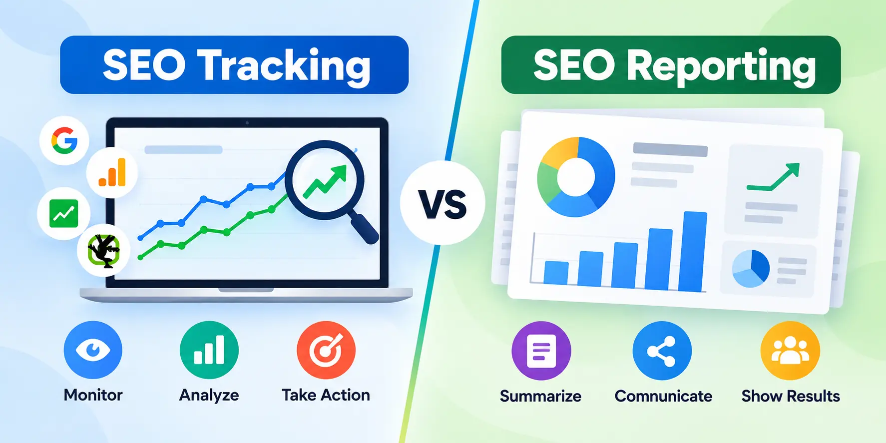 SEO tracking vs SEO reporting infographic comparing real-time performance monitoring with summarized SEO reports and results.