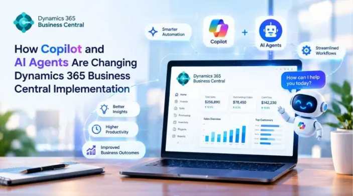 Microsoft Dynamics 365 Business Central dashboard illustrating how Copilot and AI agents enable smarter automation, streamlined workflows, higher productivity, and improved business outcomes.