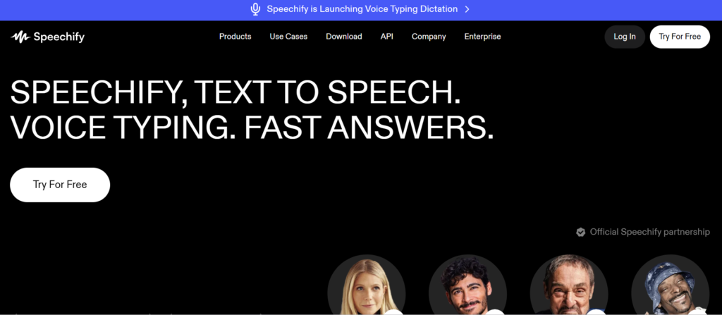 homepage of Speechify