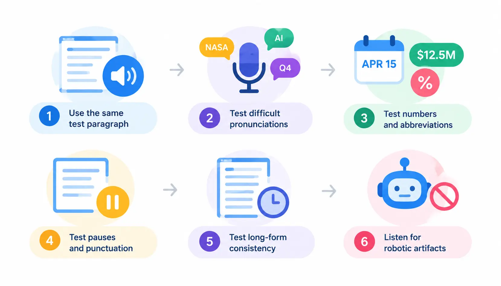 Text-to-speech testing infographic showing six steps: use the same test paragraph, test difficult pronunciations, check numbers and abbreviations, test pauses and punctuation, evaluate long-form consistency, and listen for robotic artifacts.