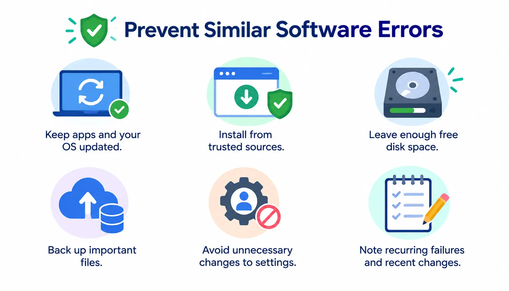 Software error prevention infographic highlighting updates, trusted downloads, free disk space, file backups, safe settings, and tracking recurring errors.