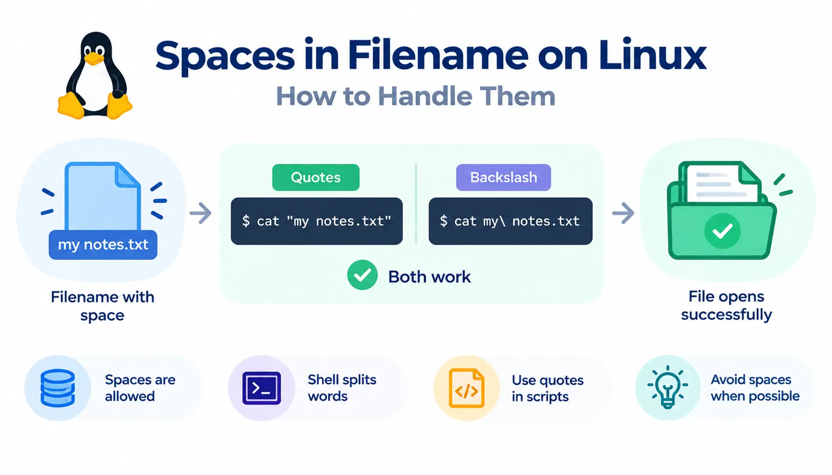 Infographic explaining how to handle spaces in Linux filenames using quotation marks or backslashes, with terminal commands and examples.