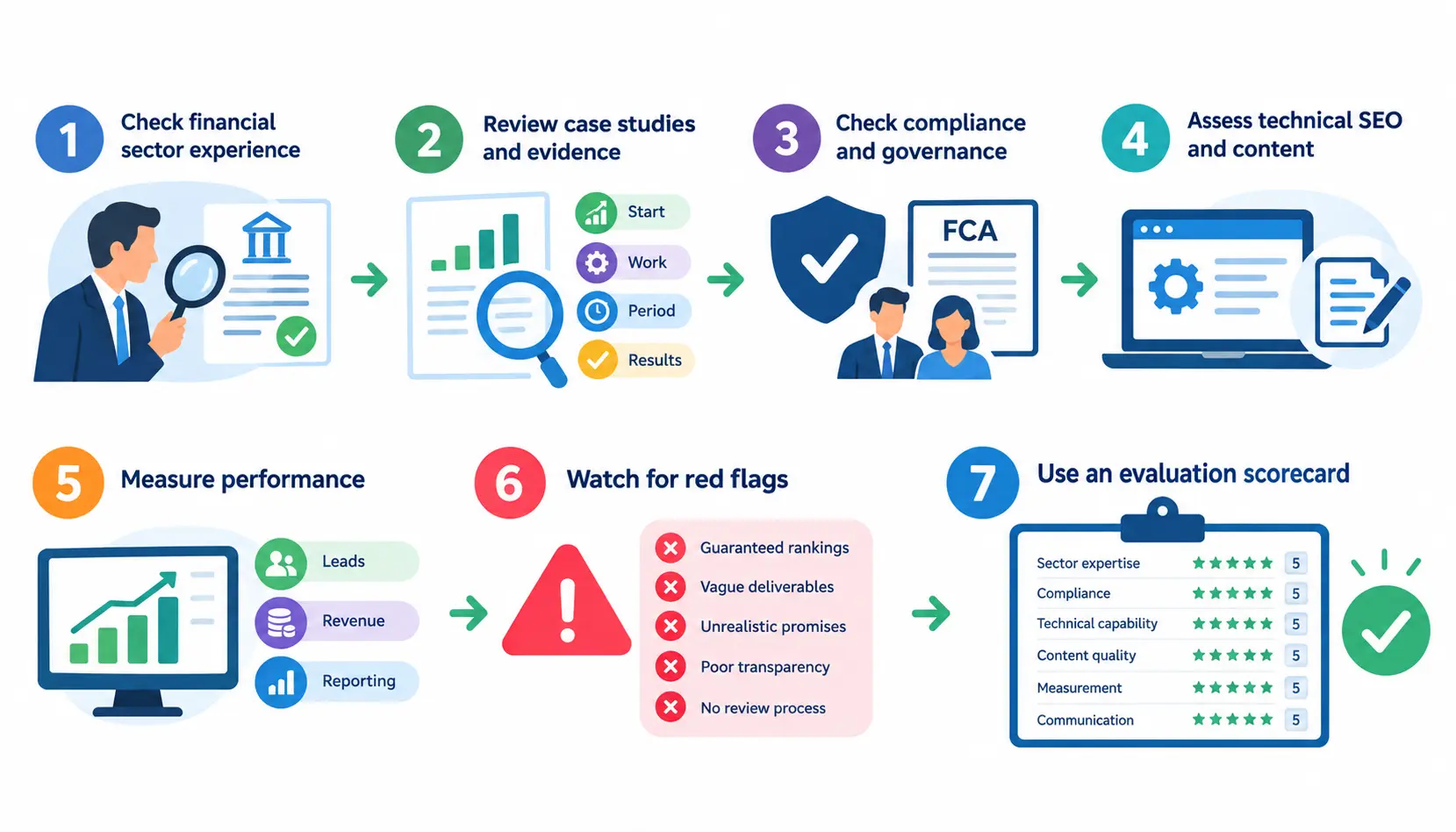 How to choose a financial services SEO agency, covering sector experience, case studies, compliance, technical SEO, performance tracking, warning signs and agency evaluation scorecard.