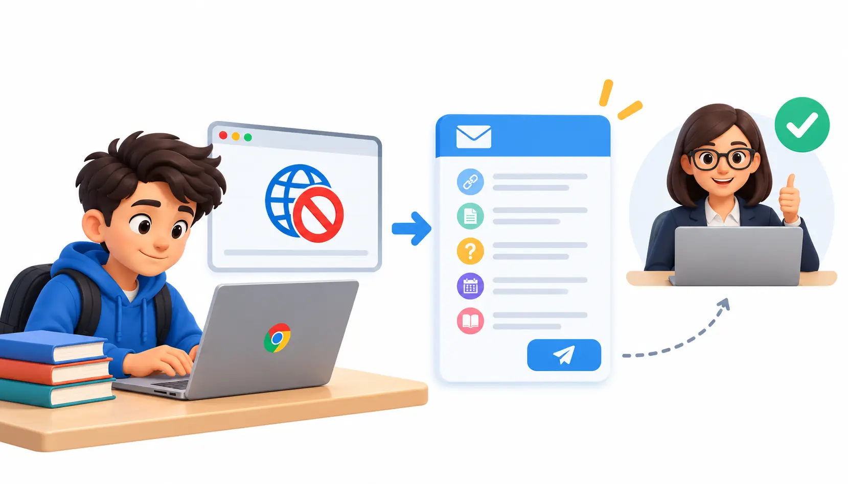 Student submitting a website access request to a teacher or school IT administrator, with icons representing website links, assignment details, help, deadlines, and approval.
