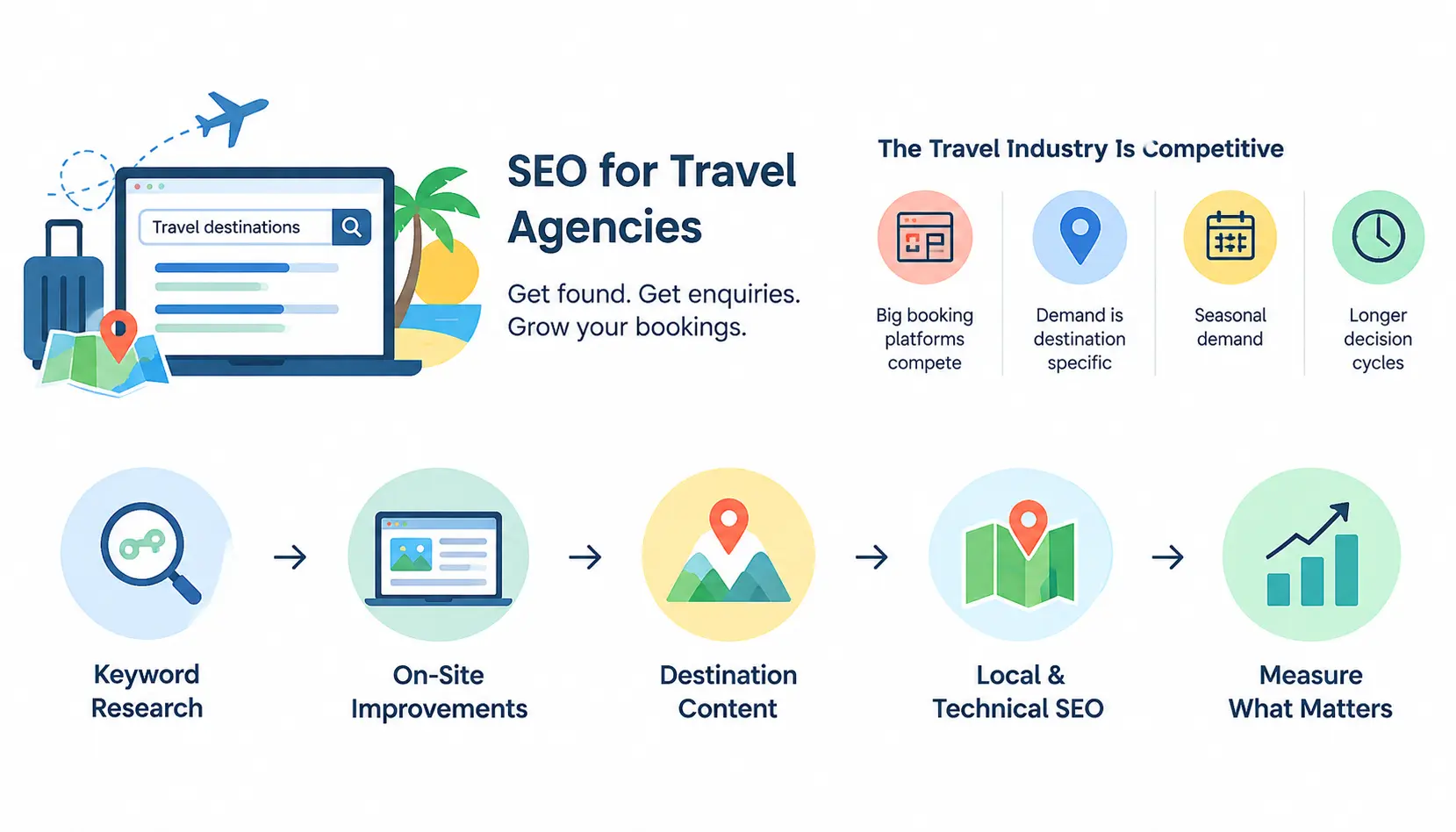 SEO for travel agencies infographic highlighting keyword research, on-page SEO, destination content, local and technical SEO, and performance measurement.