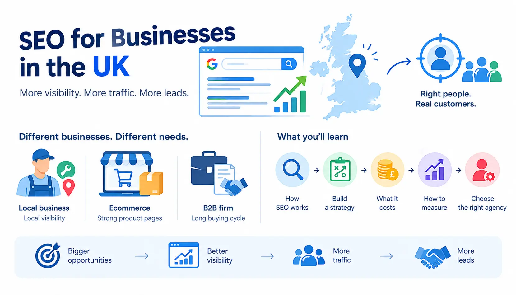 Infographic titled 'SEO for Businesses in the UK' showing how SEO helps local, ecommerce, and B2B businesses gain visibility, traffic, and leads.