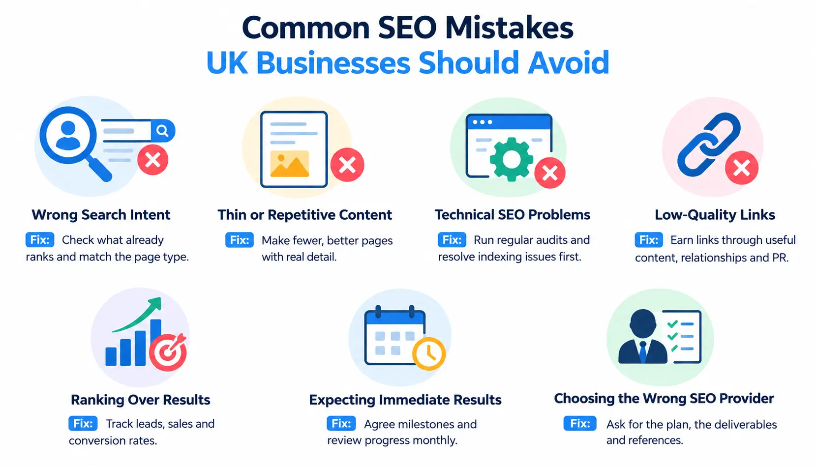 Infographic highlighting seven common SEO mistakes UK businesses should avoid, including targeting the wrong search intent, publishing thin content, ignoring technical SEO, buying low-quality links, focusing on rankings instead of conversions, expecting immediate results, and choosing the wrong SEO provider, with practical fixes for each.